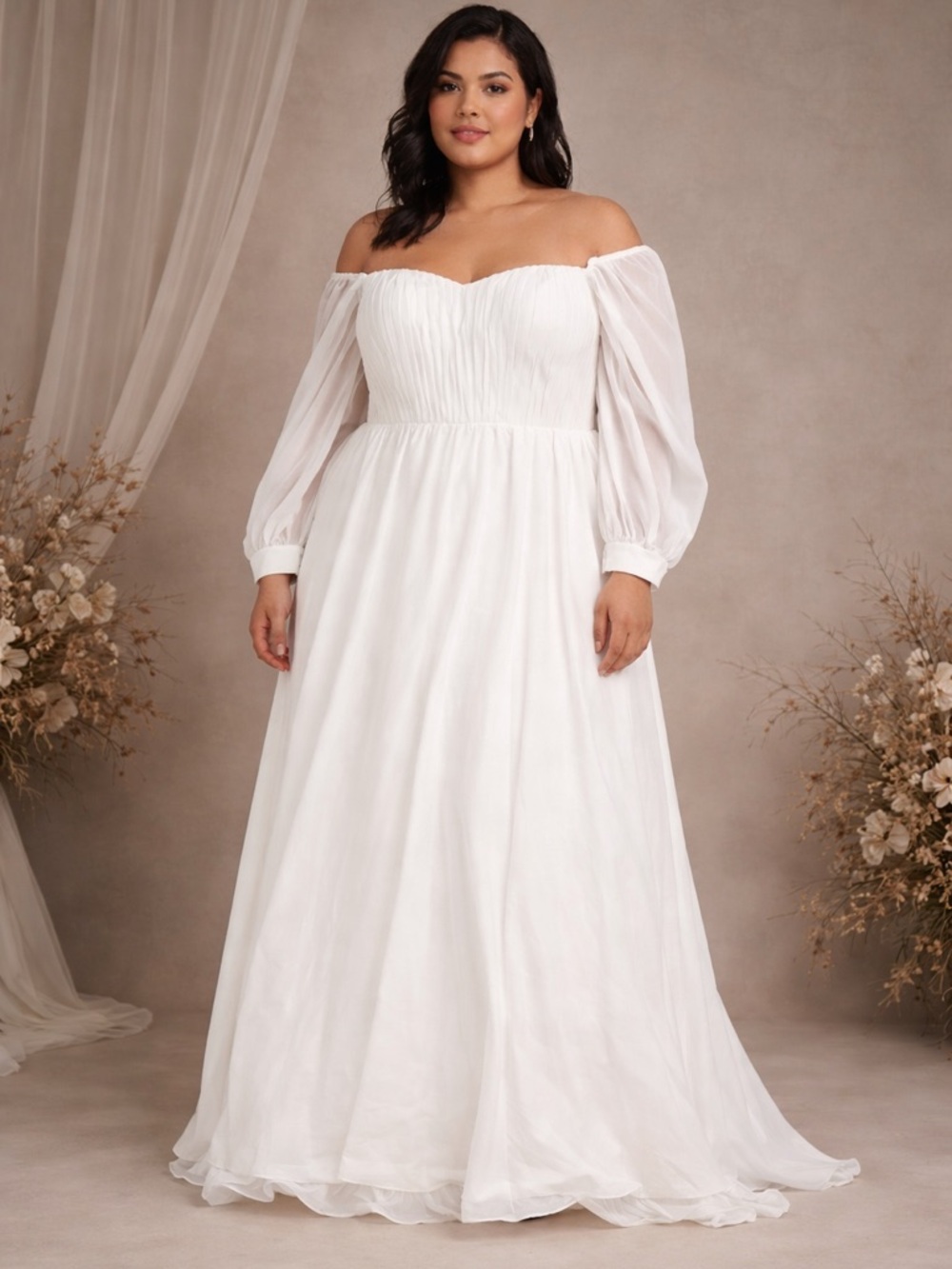 Off-the-Shoulder White Chiffon Maxi Dress
